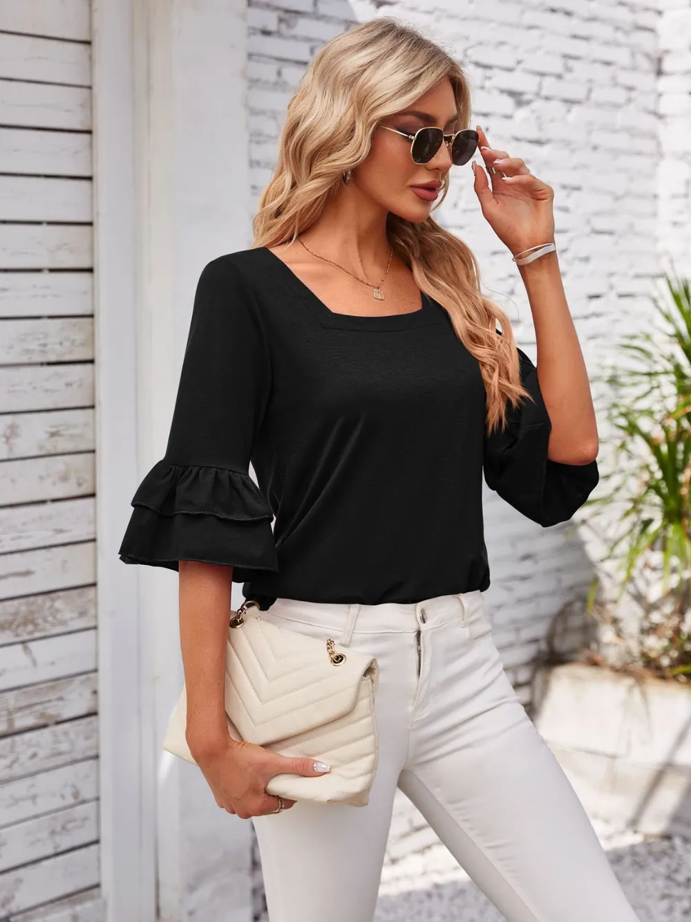 Ruffled Suqare Neck Half Sleeve Blouse, image 5