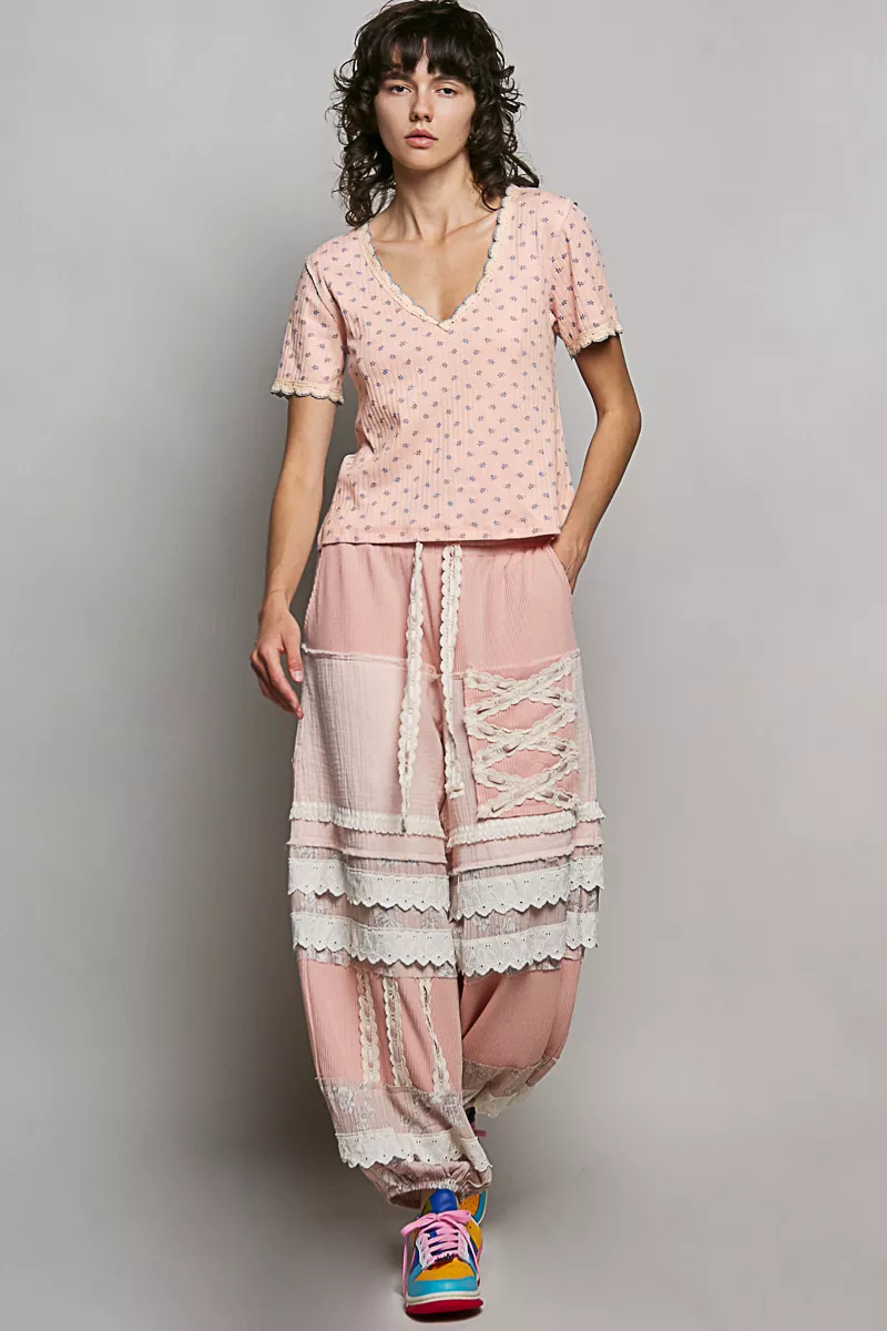 Floral V-Neck Short Sleeve Rib T-Shirt, image 5