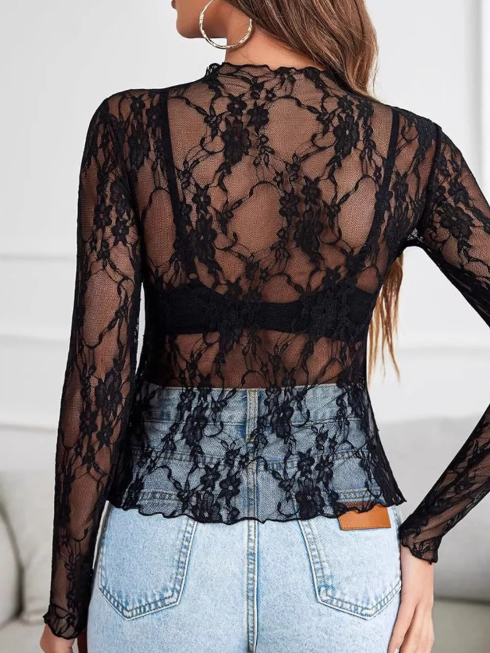 Sheer Floral Lace Long Sleeve Top, image 15