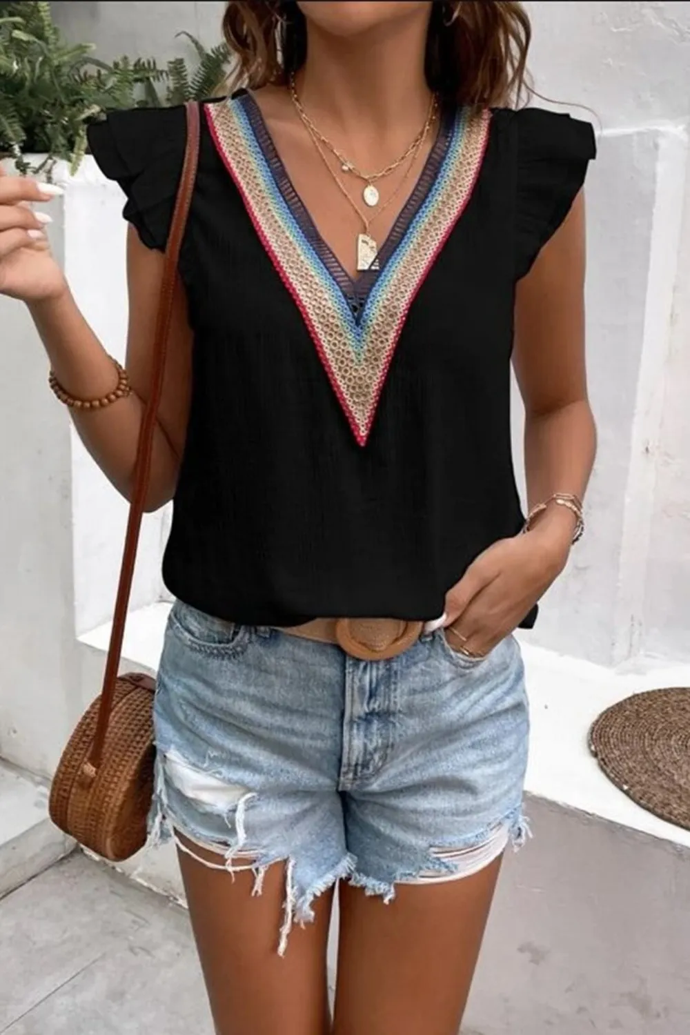Full Size Ruffled V-Neck Cap Sleeve Blouse, image 11