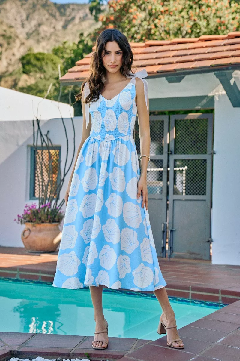 Shell Smocked Bodice Shoulder Tie Lined Midi Dress, image 5