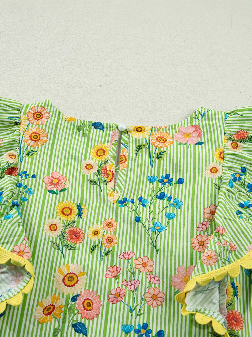 Stripe Floral Printed Scalloped Detail Ruffle Short Sleeve Blouse, image 6