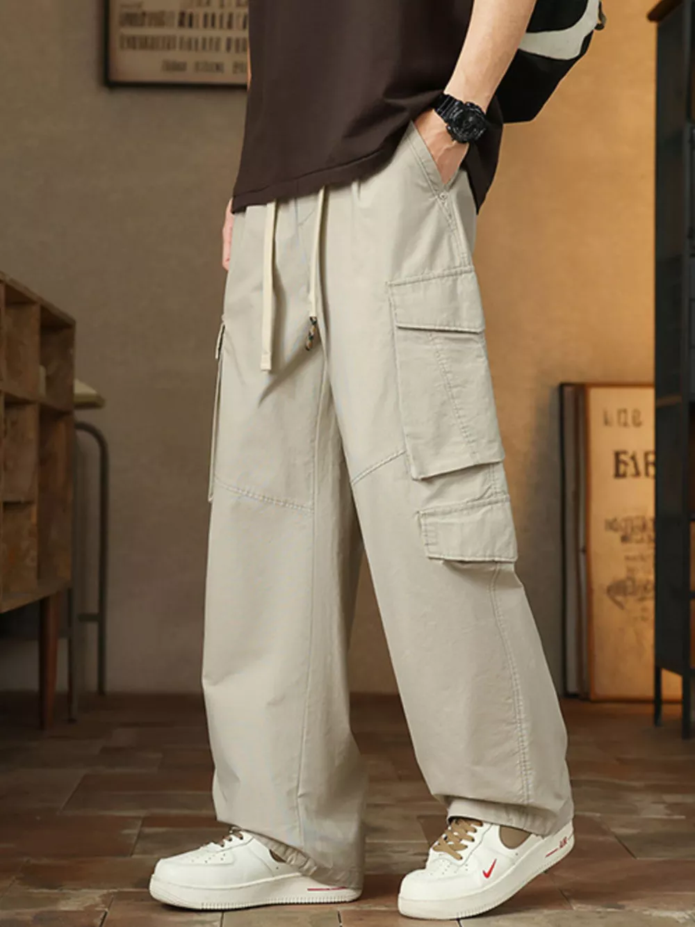 Men's Plus Size Loose Fit Cargo Pants with Drawstring, image 2