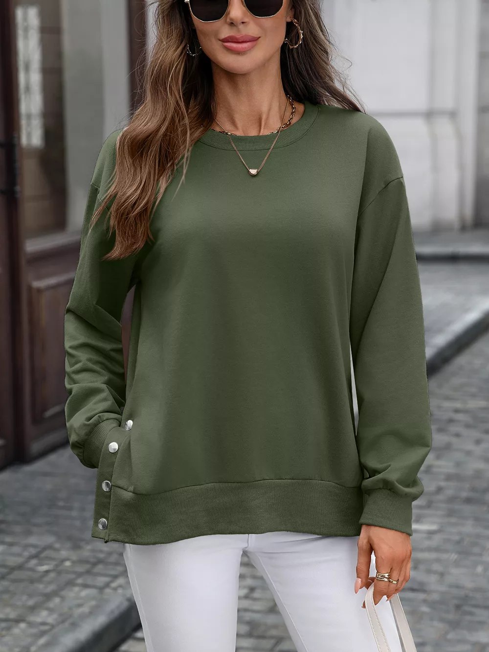 Side Snap Round Neck Sweatshirt, image 21