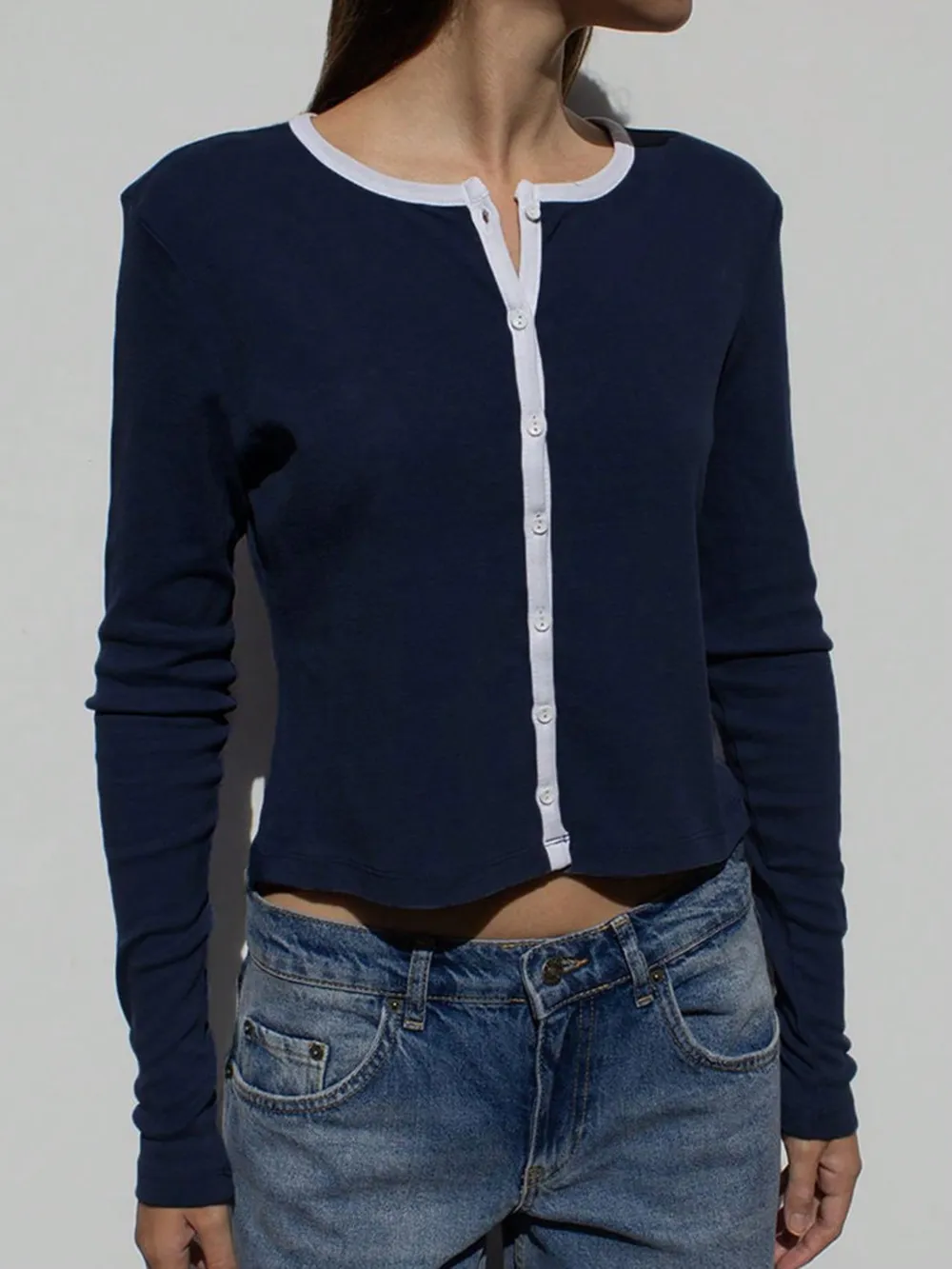 Button Down Contrast Trim Round Neck Long Sleeve Shirt