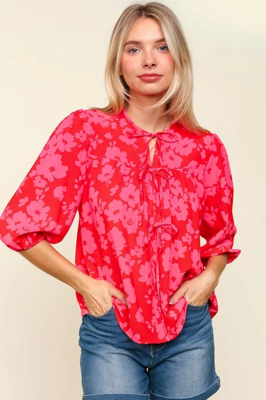 Full Size Ribbon Bow Floral Balloon Sleeve Blouse, image 4