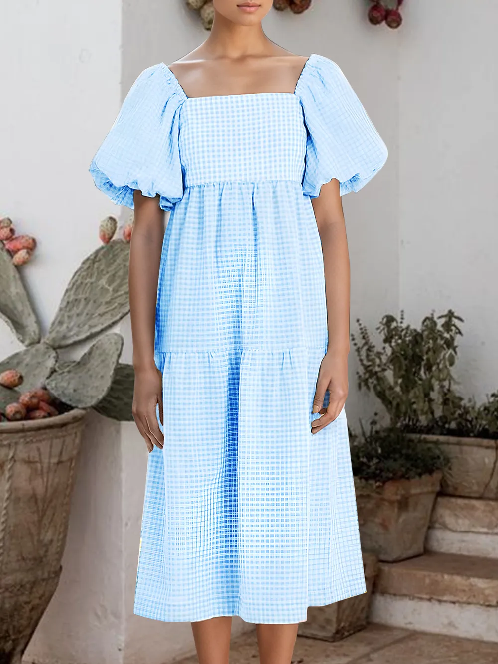 Plaid Square Neck Short Sleeve Dress, image 2