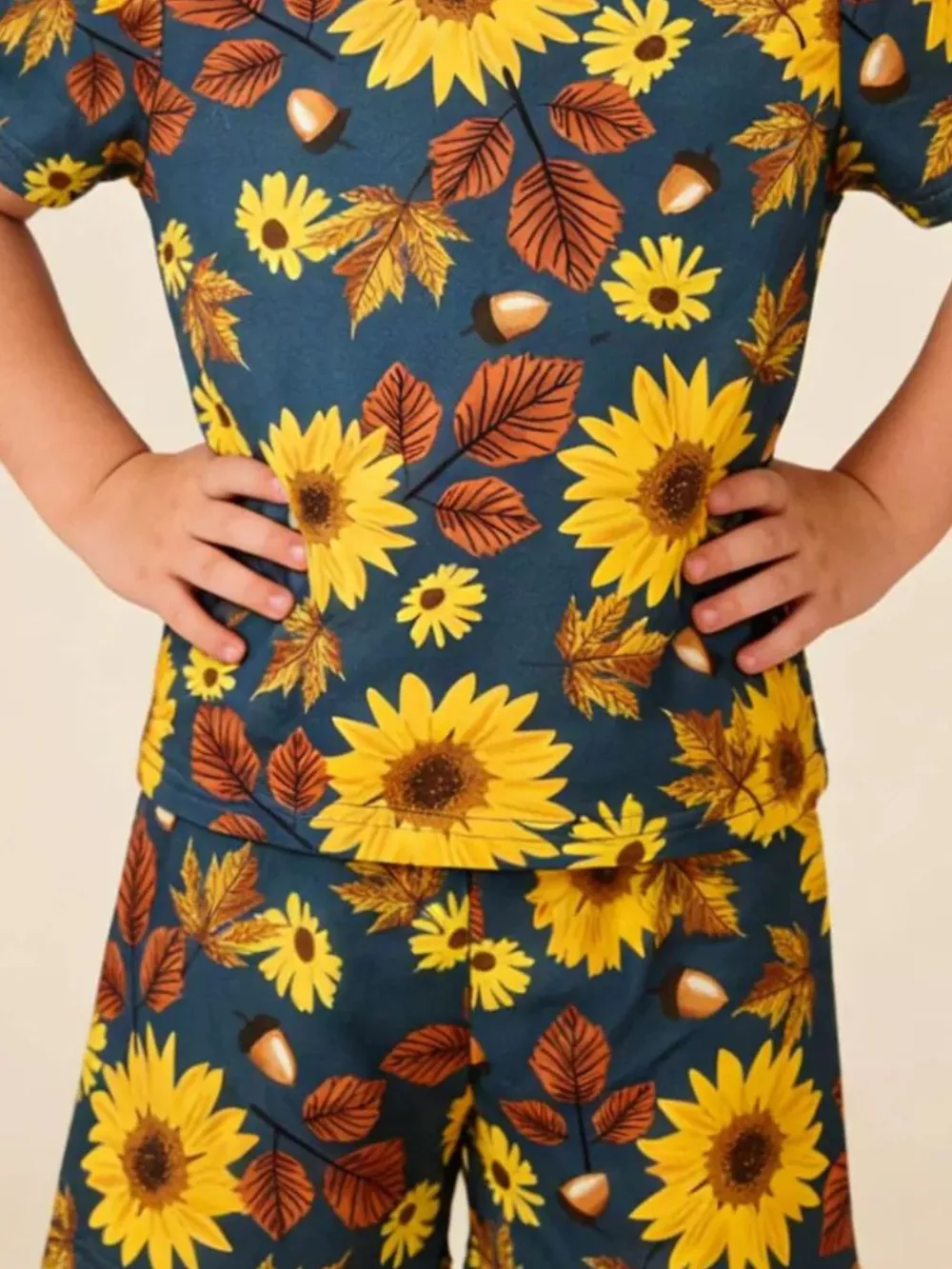Children's Sunflower & Autumn Leaves Print Tee and Shorts Set, image 3