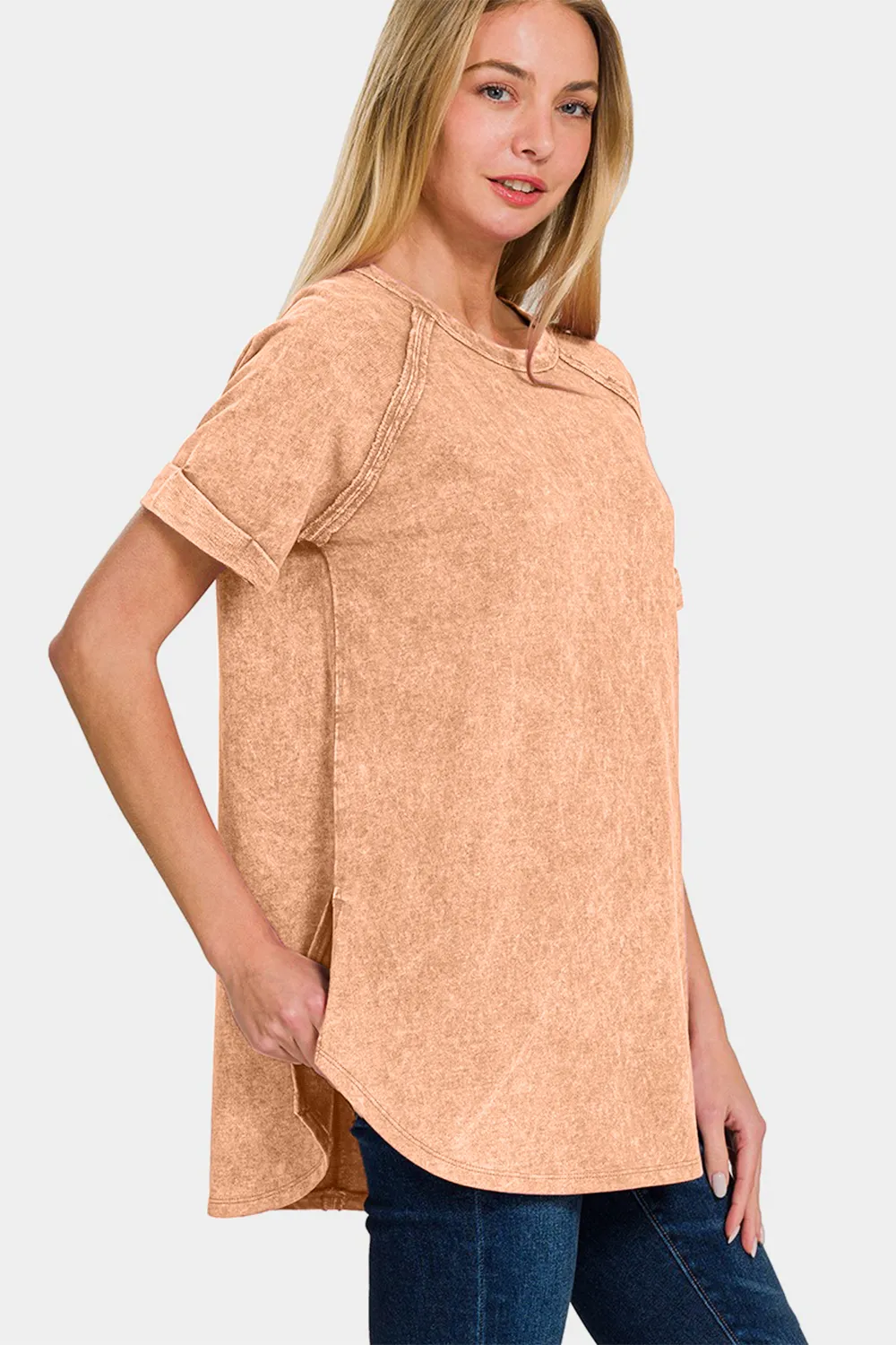 Heathered Round Neck Short Sleeve Top, image 3