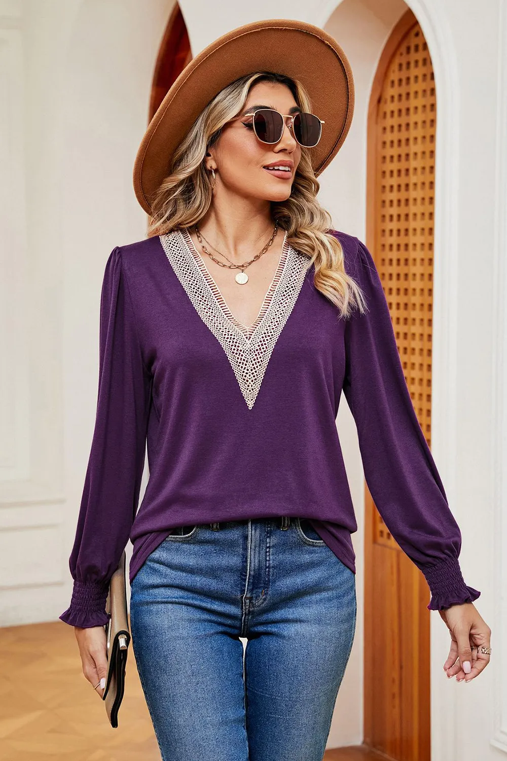 Lace Detail V-Neck Lantern Sleeve T-Shirt, image 15