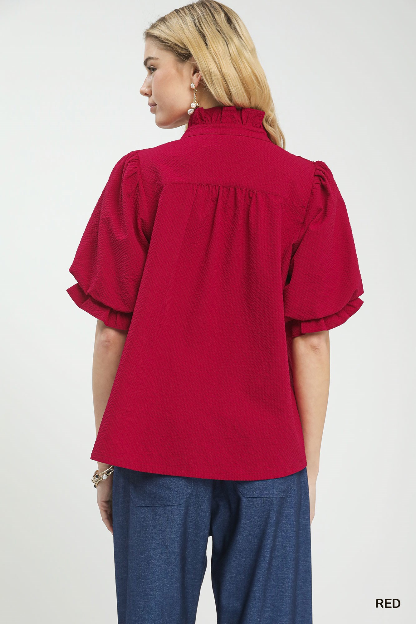 Textured Smocked Yoke Split-Neck Top, image 3