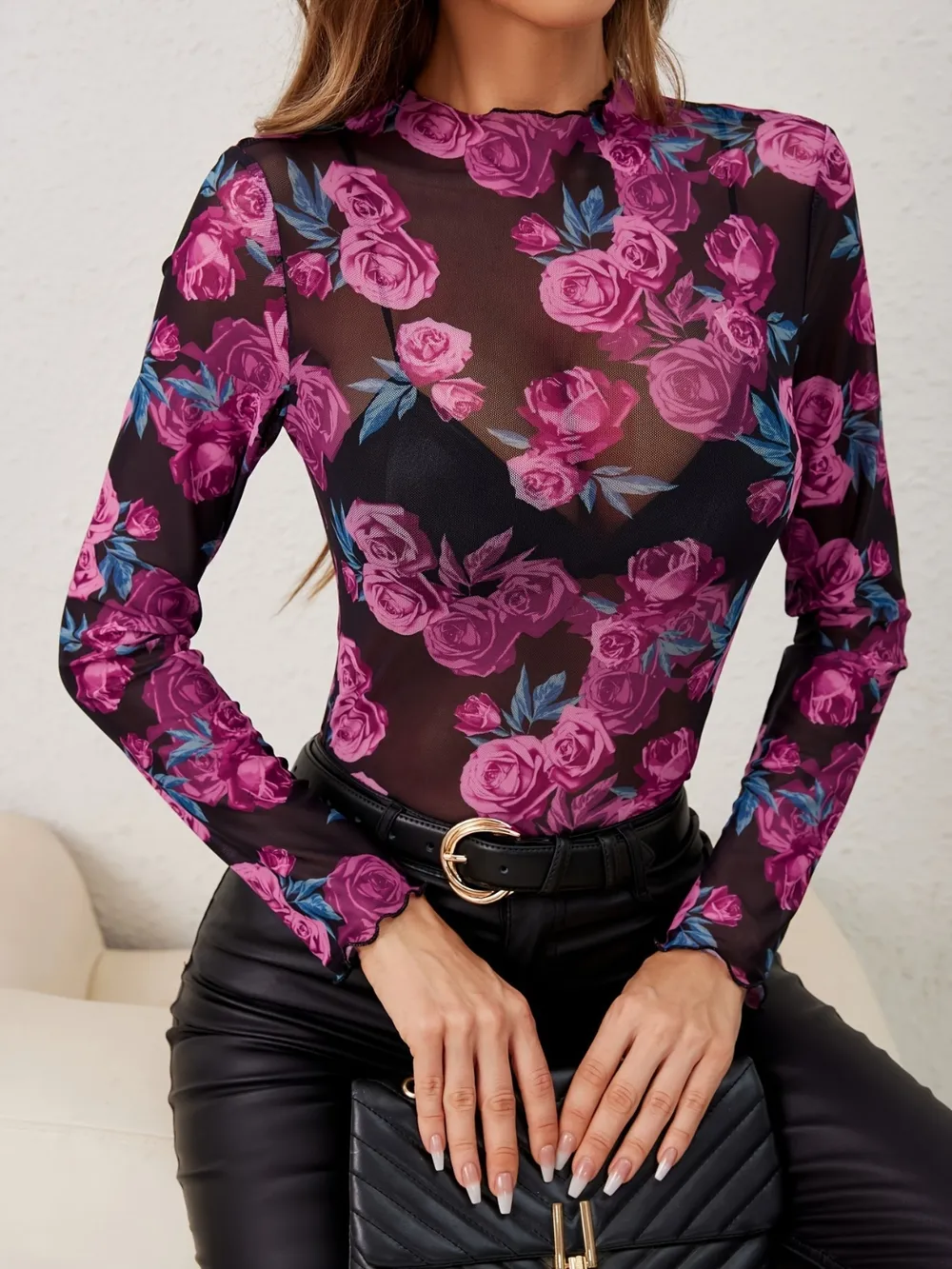 Floral Mock Neck Long Sleeve Top, image 2