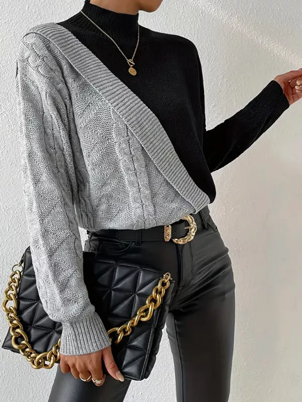 Color Block Cable Knit Mock Neck Sweater, image 2