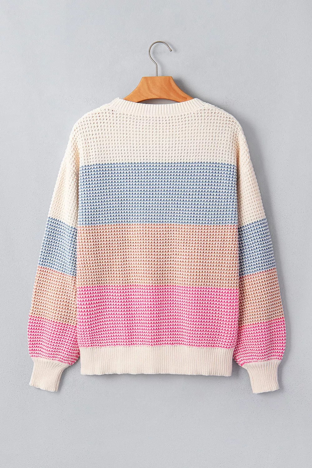 Color Block Waffle Knit Drop Shoulder Round Neck Long Sleeve Sweater, image 8