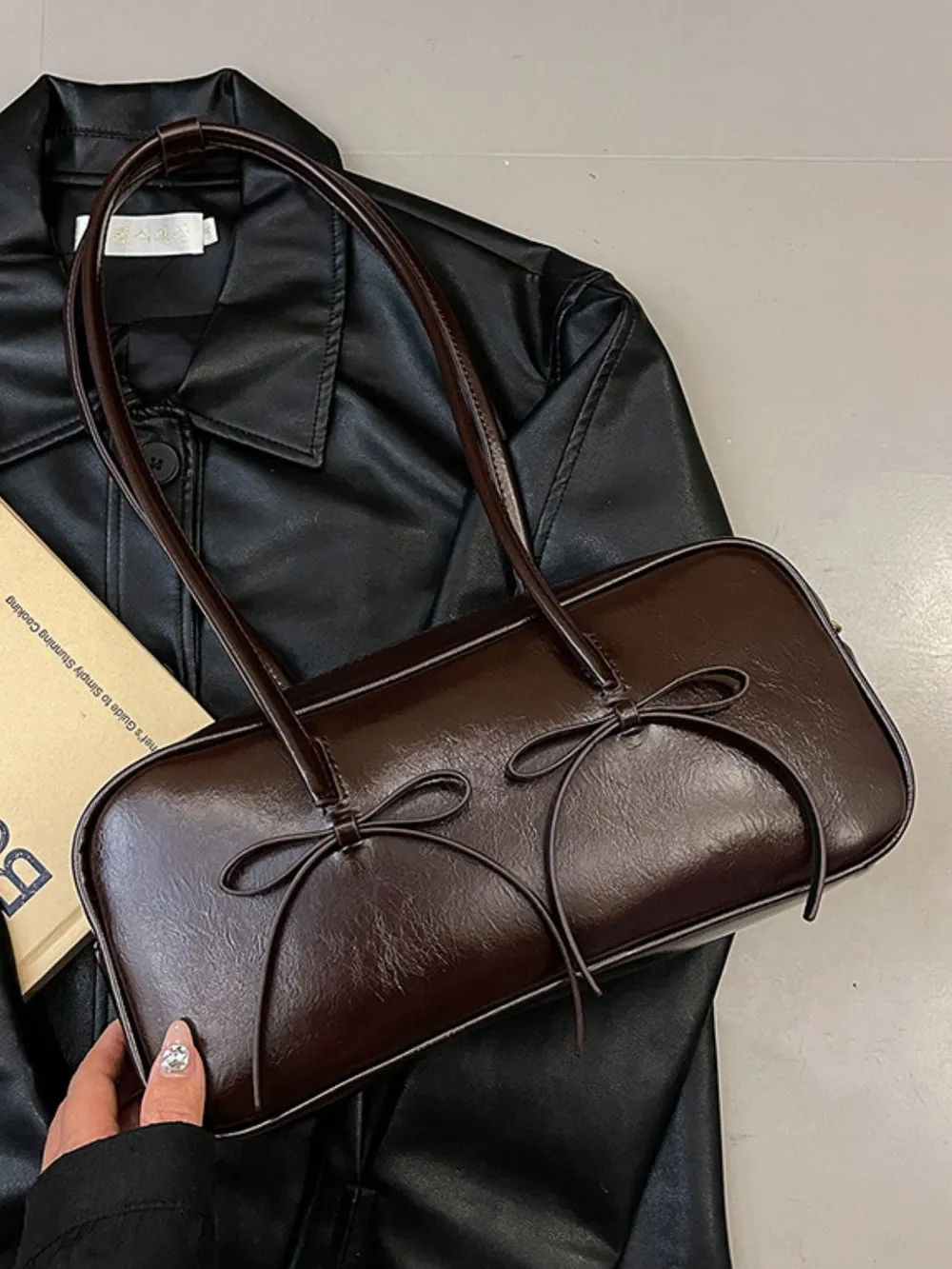 PU Leather Bow Trim Shoulder Bag, image 5
