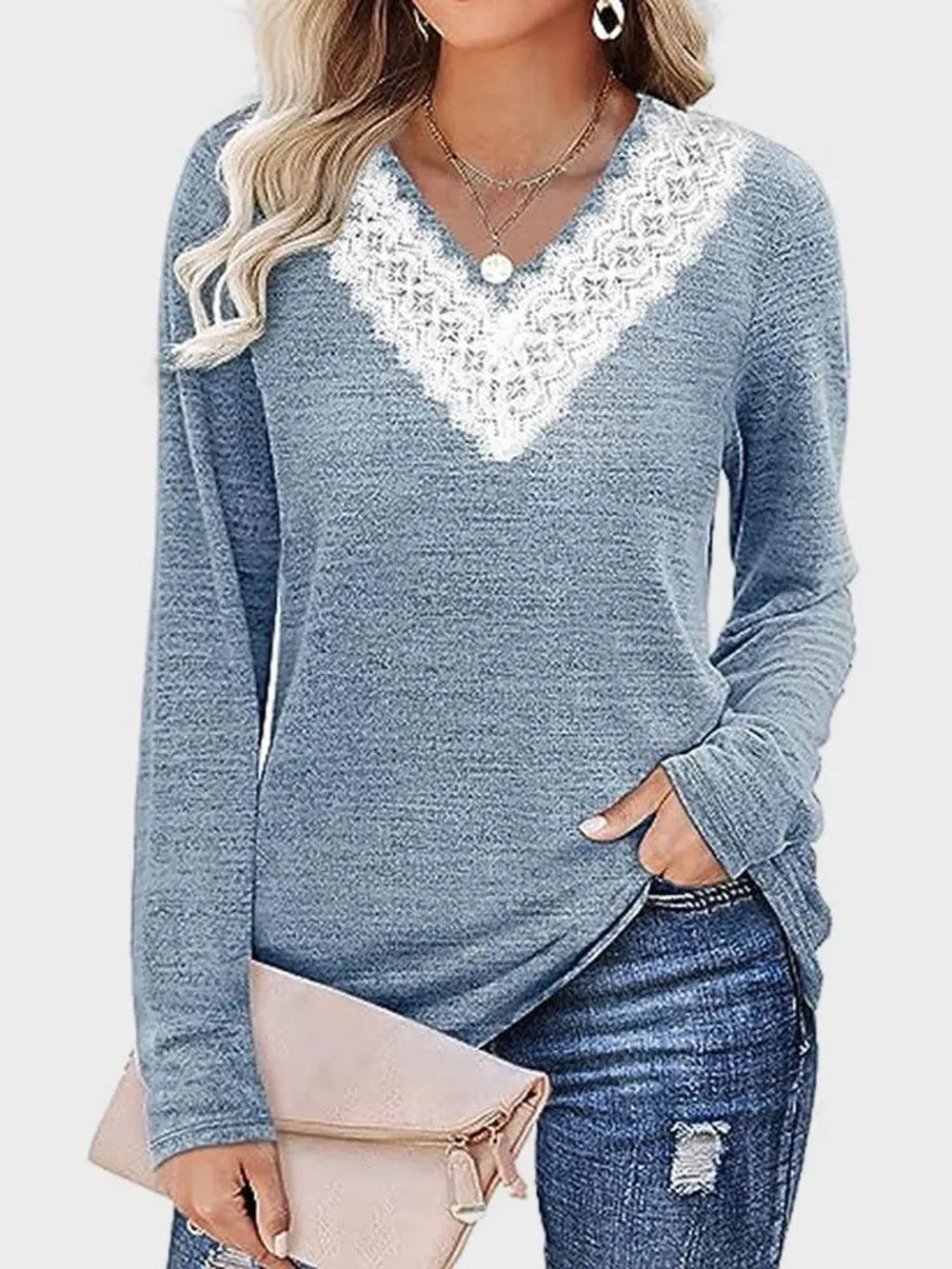 Lace Detail V-Neck Long Sleeve T-Shirt, image 11