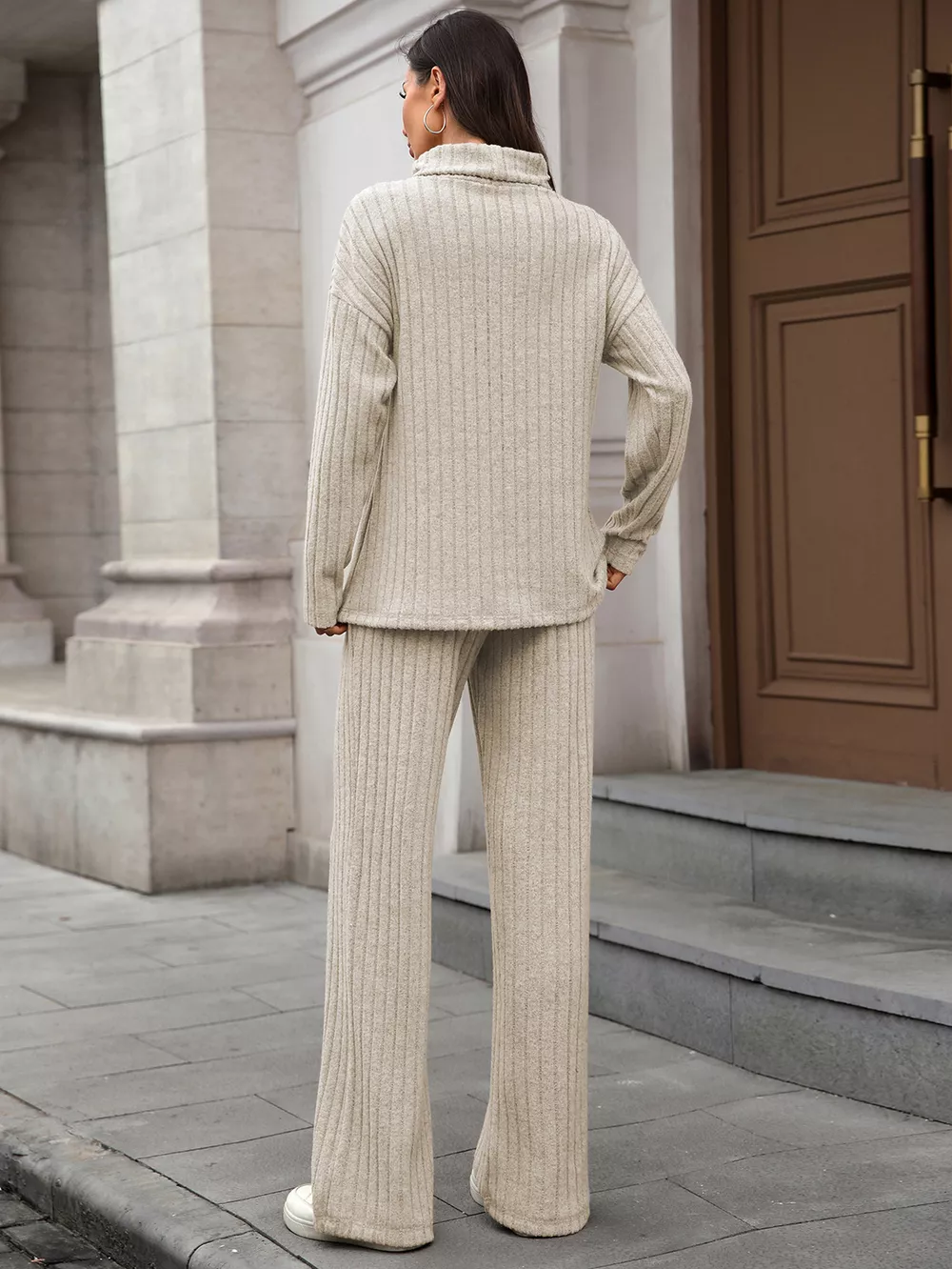 Ribbed Turtleneck Dropped Shoulder Top and Pants Sweater Set, image 21