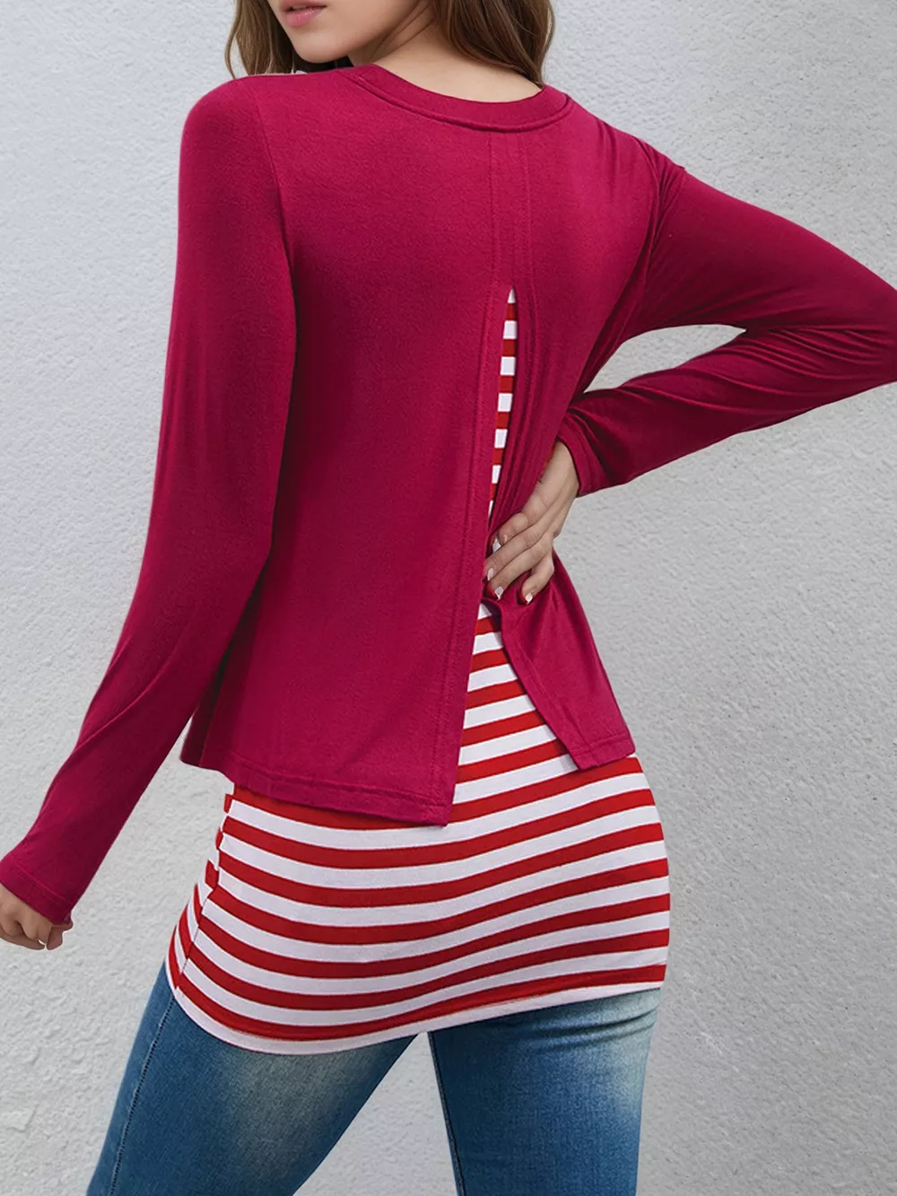 Layered Crew Neck Long Sleeve Striped T-Shirt, image 5