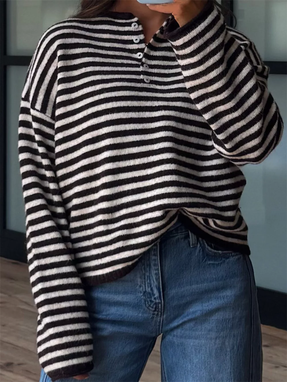 Button Detail Dropped Shoulder Striped Sweater, image 8