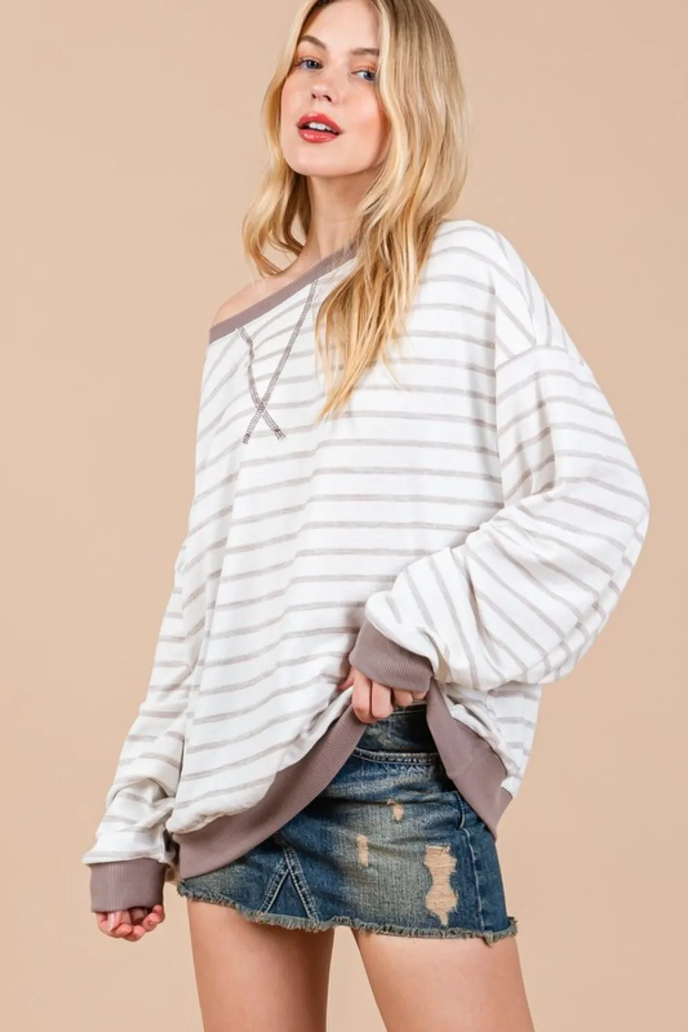 Ces Femme Striped Round Neck Drop Shoulder Sweatshirt, image 5