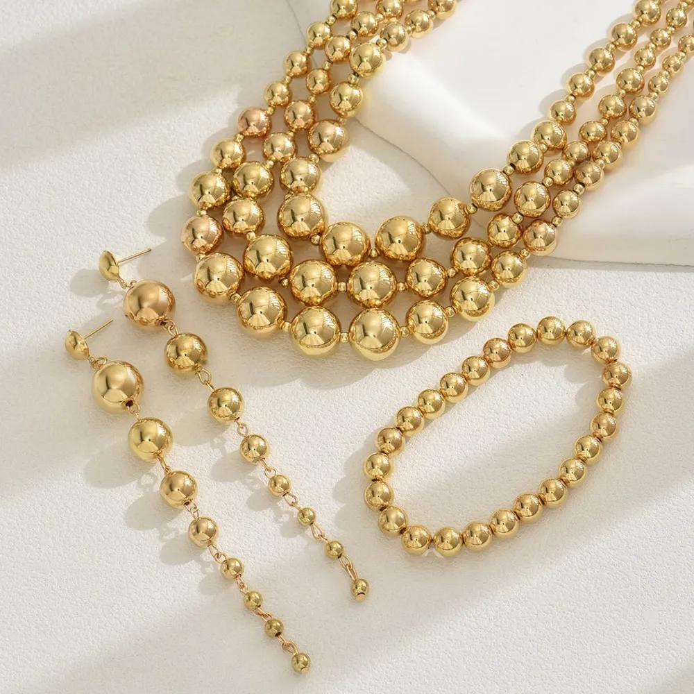 18K Stainless Steel Beaded Multi-Layered Necklace Bracelet Earrings Jewelry Set, image 2