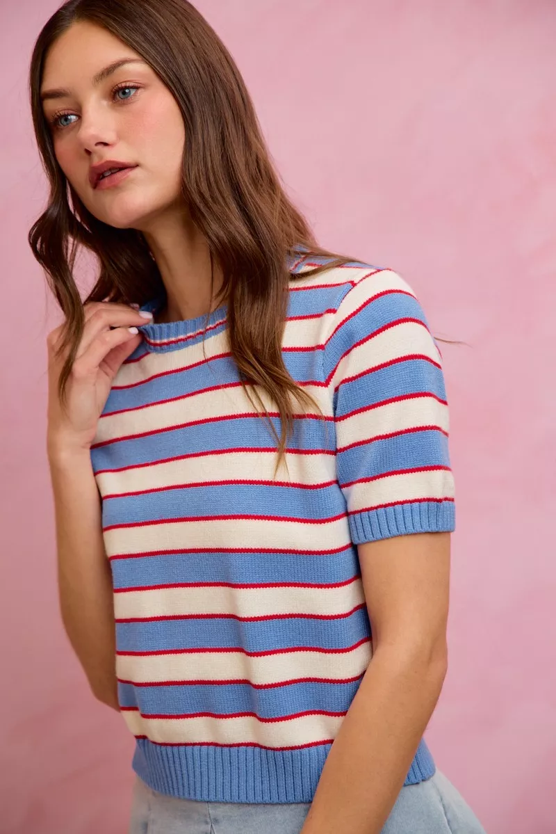 Stripe Knit Crew Neck Short Sleeves Sweater Top, image 2