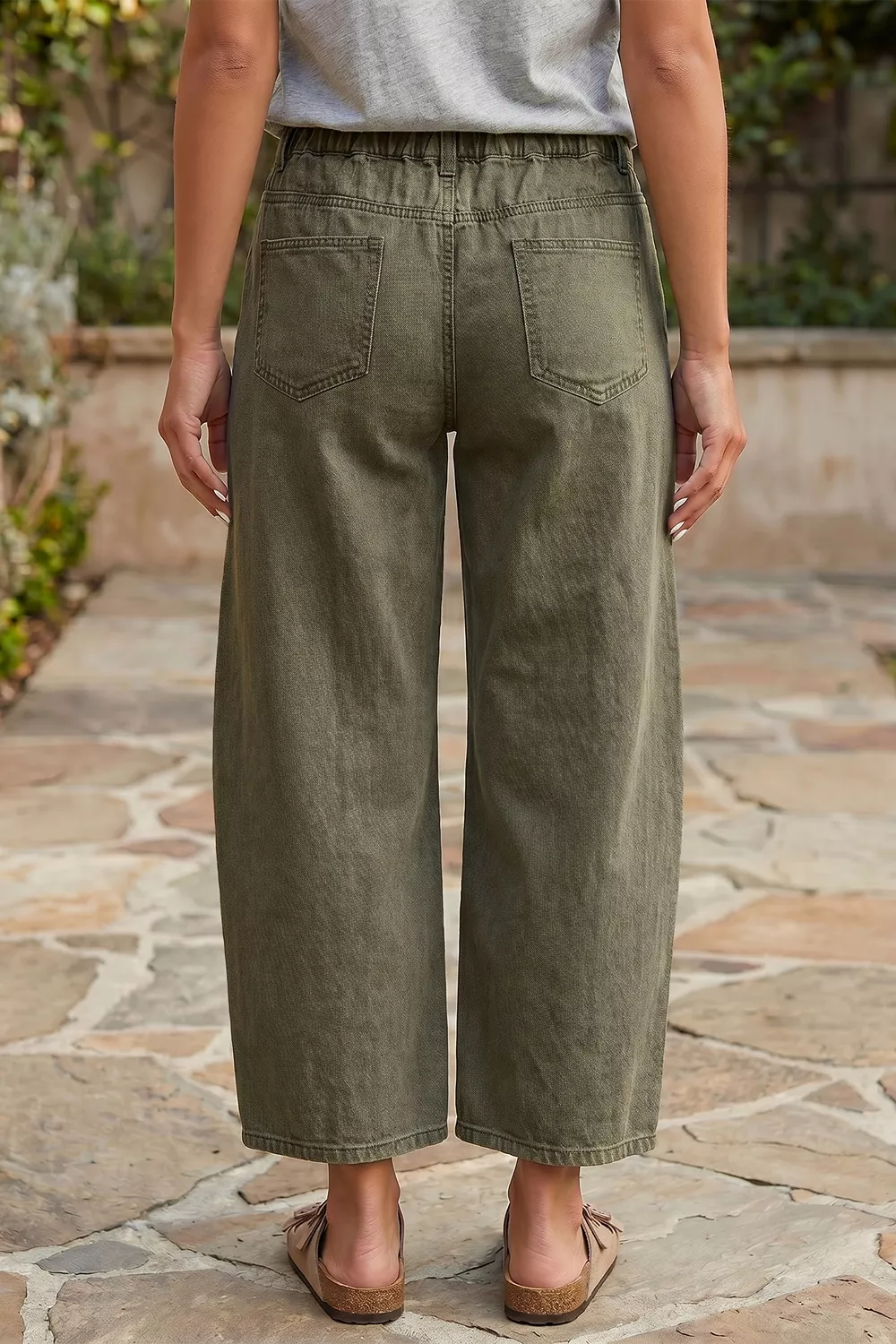 Four Leaf Clover Solid Color Square Patch Pocket Ankle-length Barrel Jeans, image 2
