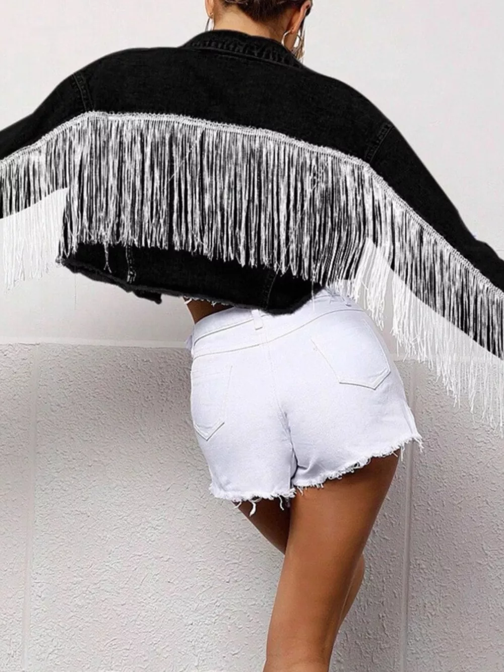 Fringe Button Up Cropped Denim Jacket, image 3