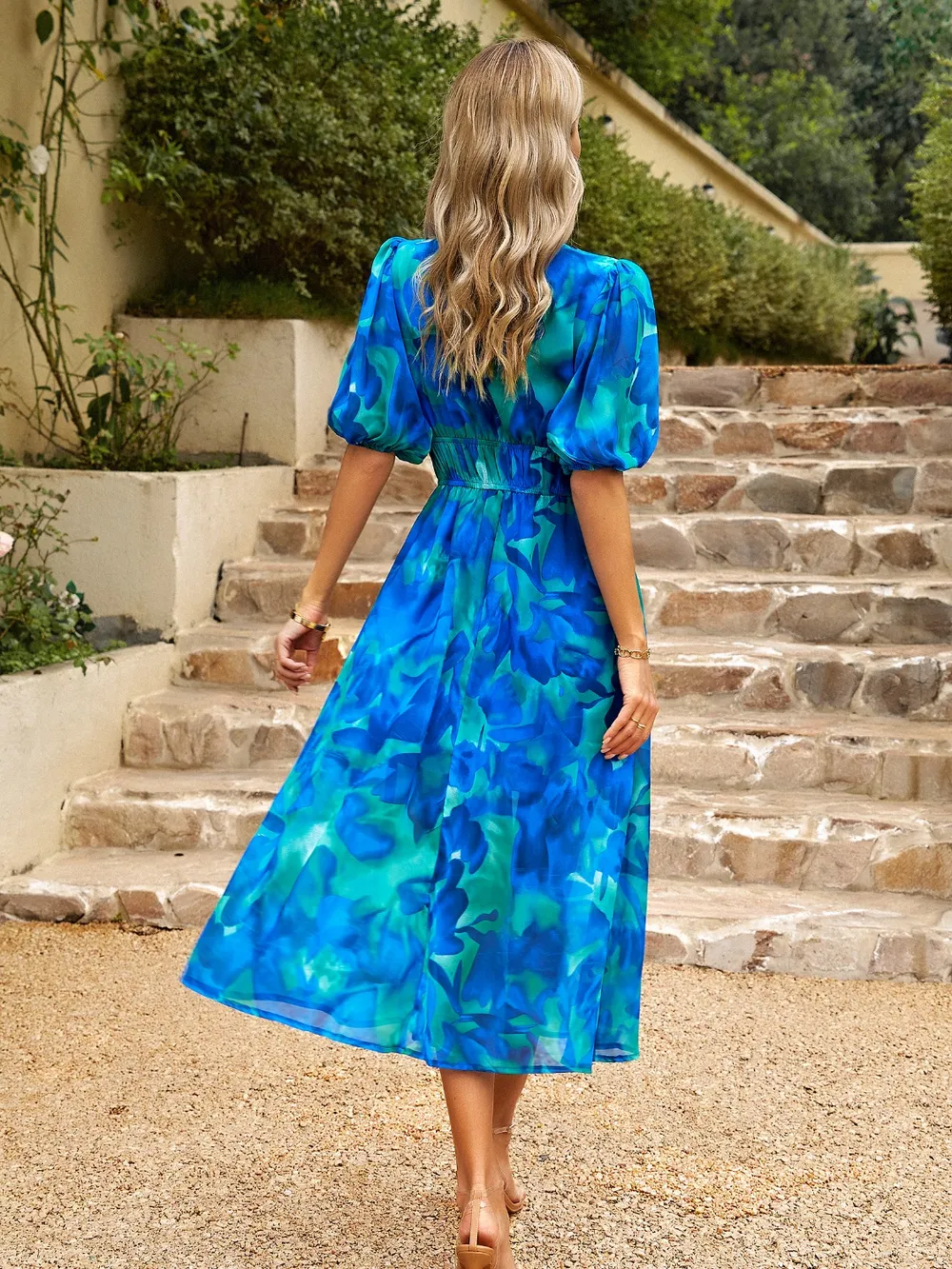 Smocked Printed V-Neck Half Sleeve Midi Dress, image 8