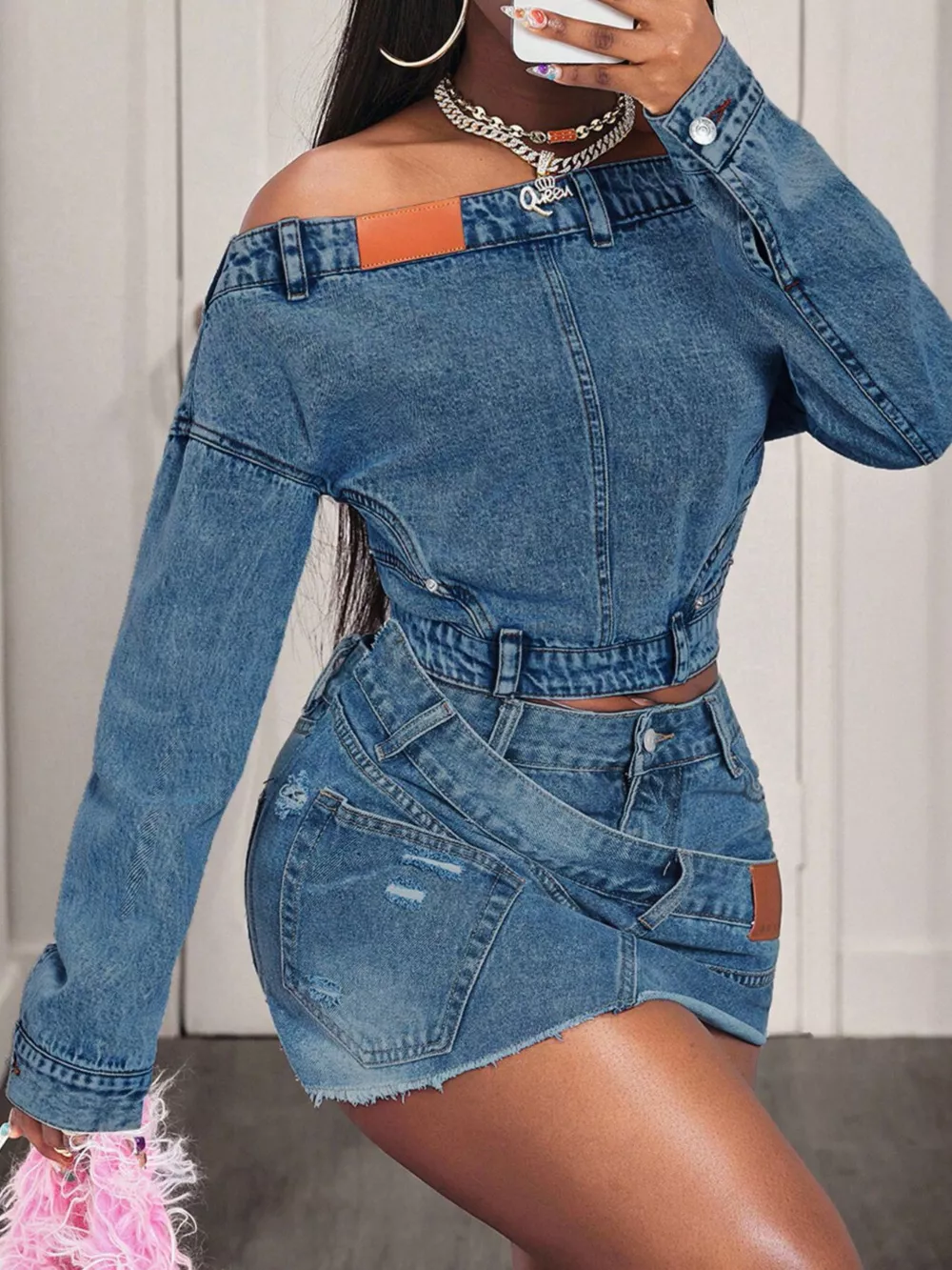 Off-Shoulder Long Sleeve Denim Top, image 4
