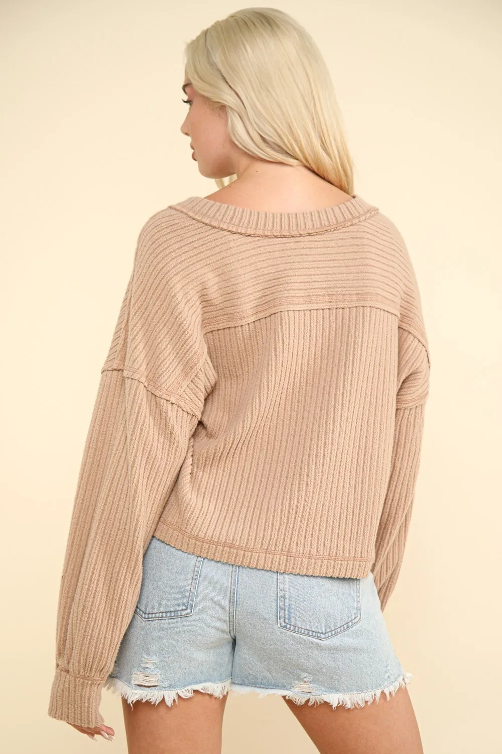 Exposed Seam V-Neck Ribbed Knit Top, image 2
