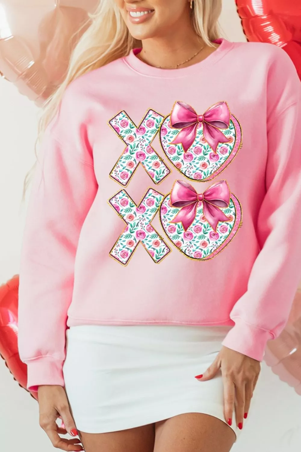 Bow Floral Printed Valentines Day XOXO Sweatshirt, image 3