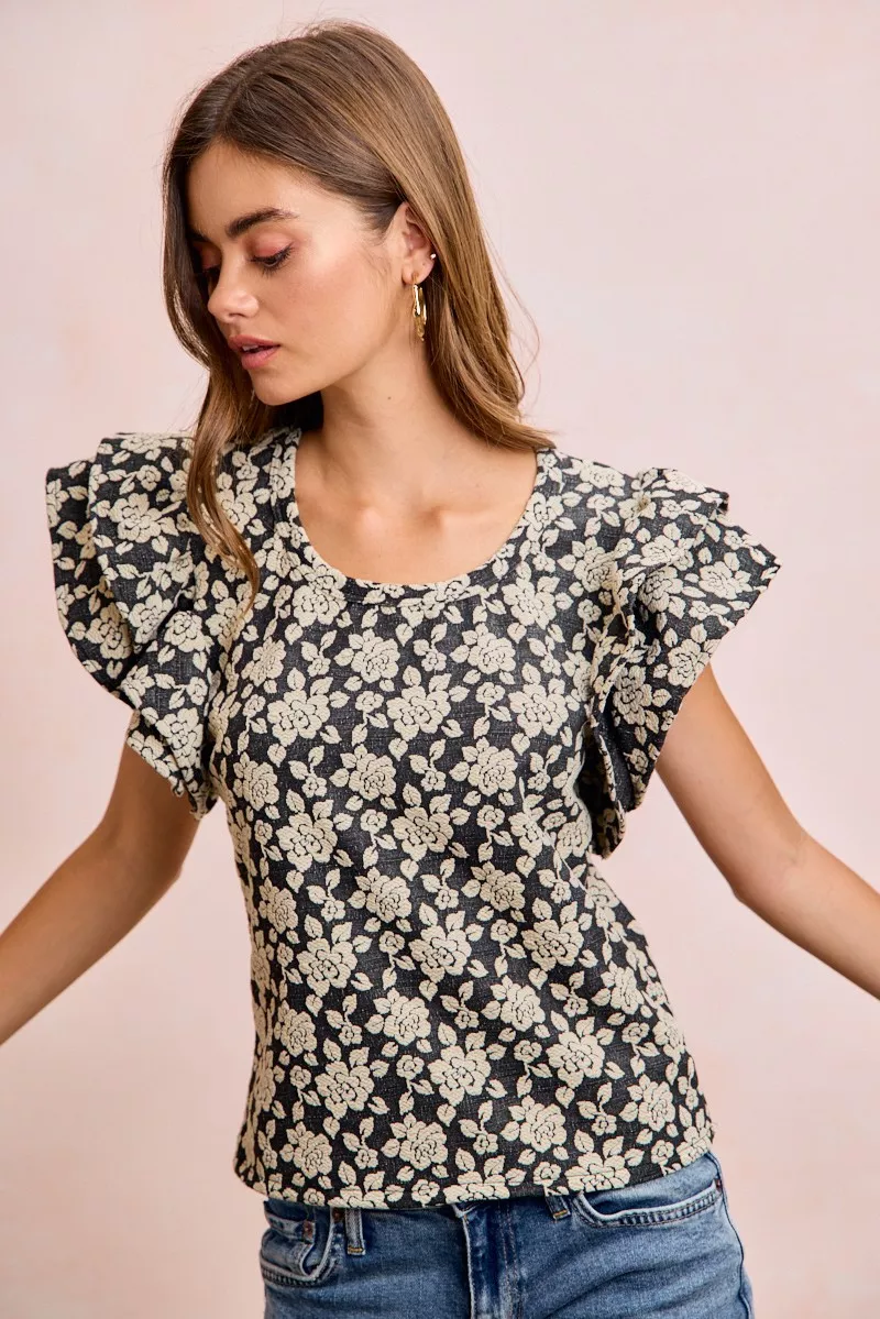 BiBi Floral Jacquard Ruffle Sleeves Knit Top, image 9
