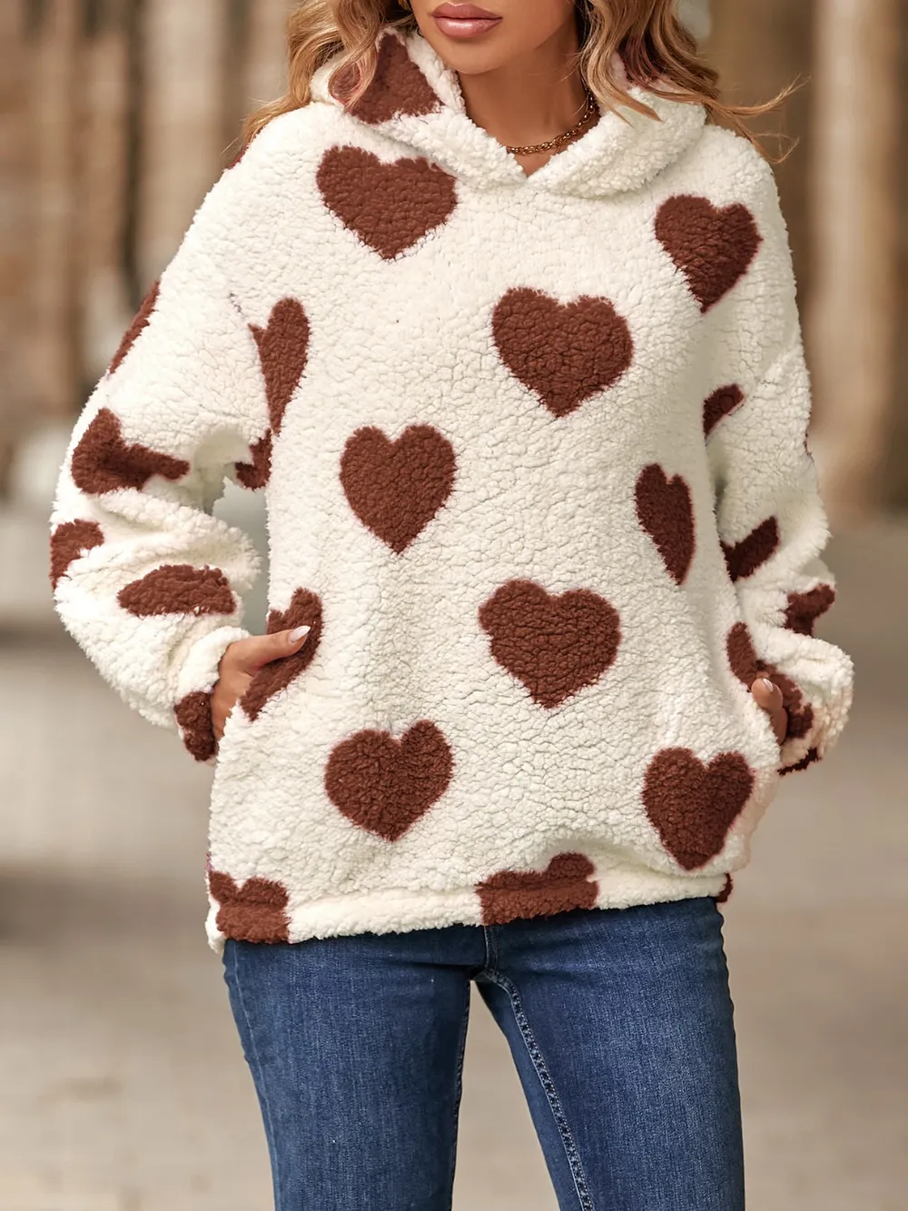Fuzzy Heart Pocketed Dropped Shoulder Hoodie, image 3