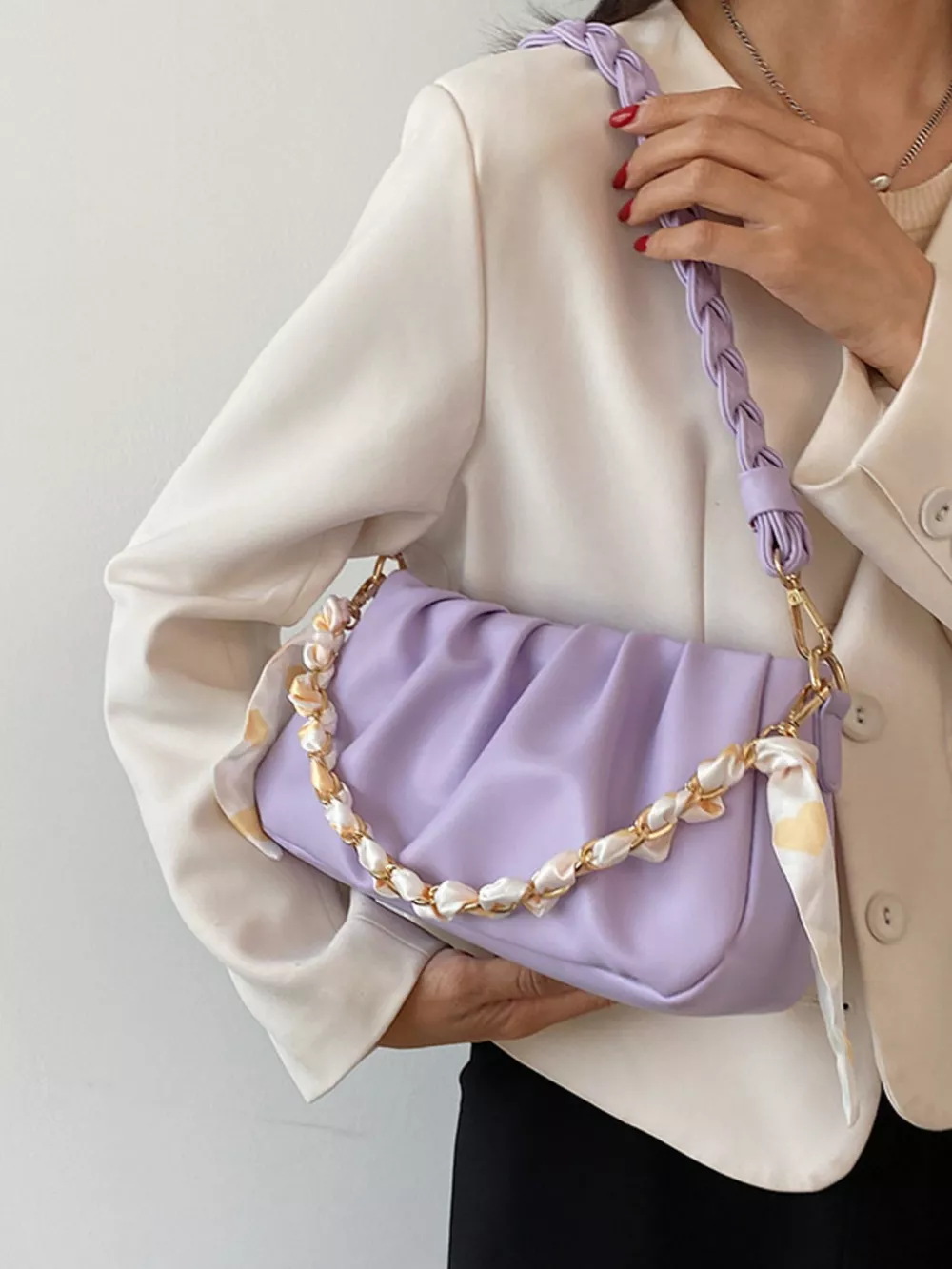 Ruched Braided Handle Shoulder Bag, image 2