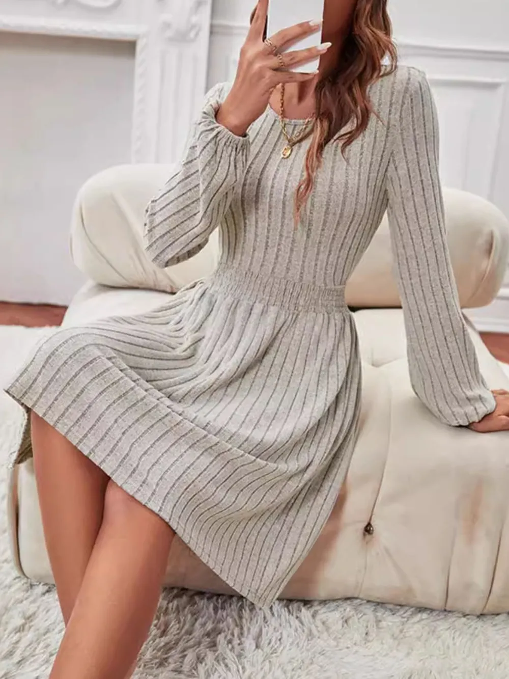 Smocked Round Neck Long Sleeve Knee Length Dress, image 4