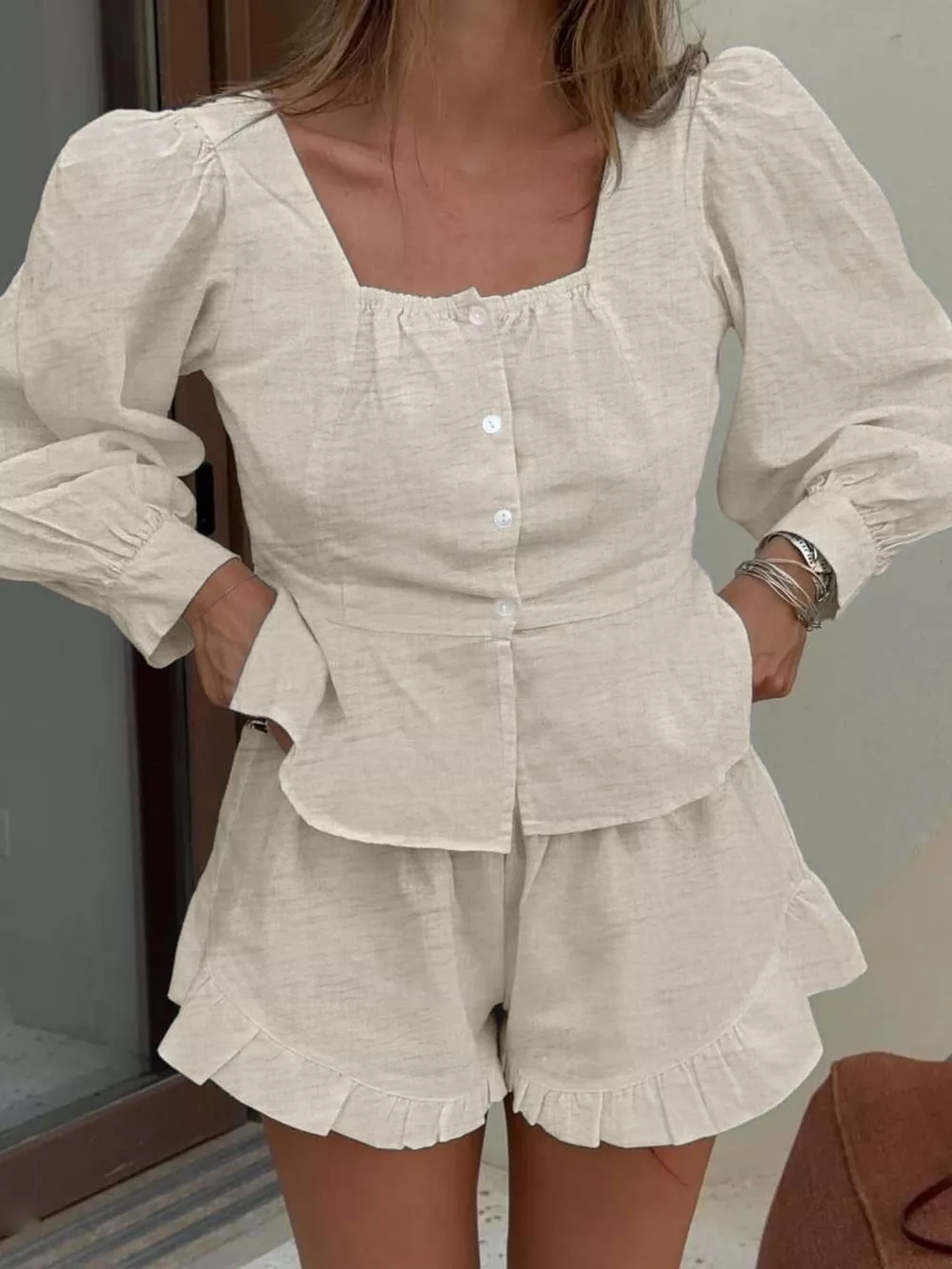 Button Front Lantern Sleeve Top and Shorts Set, image 3