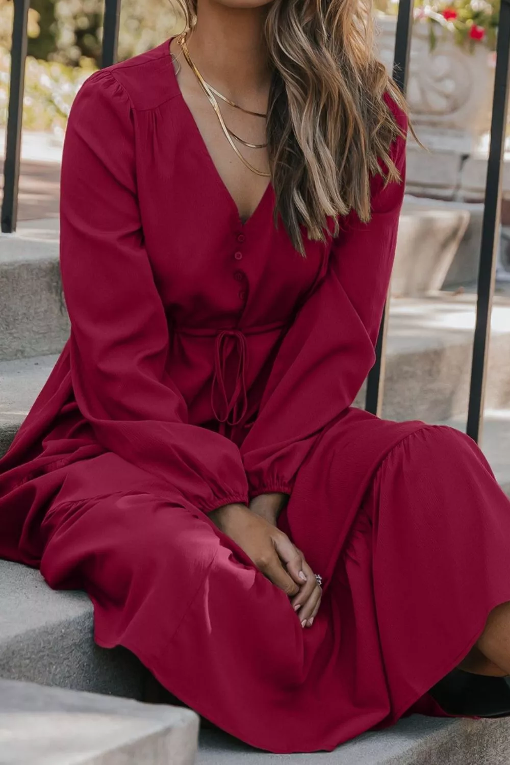 Long Sleeve Button V Neck Tiered Dress, image 2