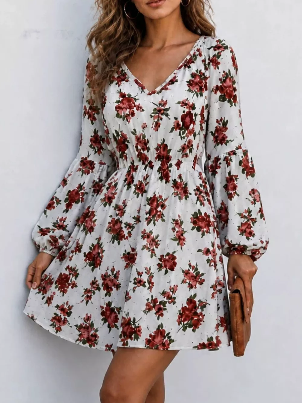 Floral Print V-Neck Long Sleeve Mini Dress, image 2