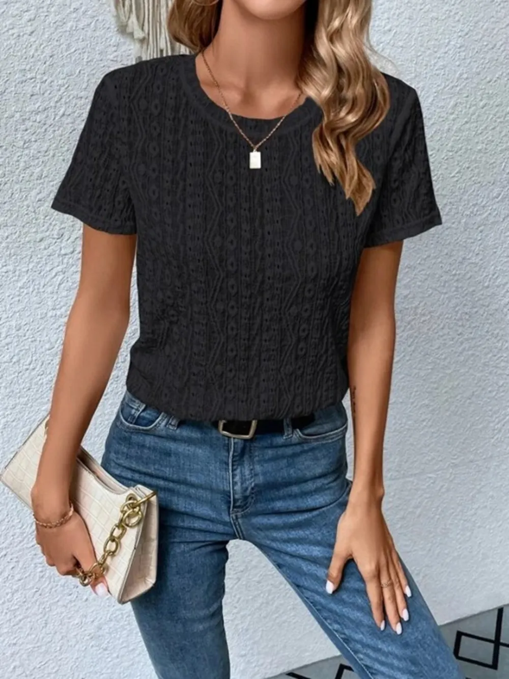 Eyelet Round Neck Short Sleeve T-Shirt, image 6