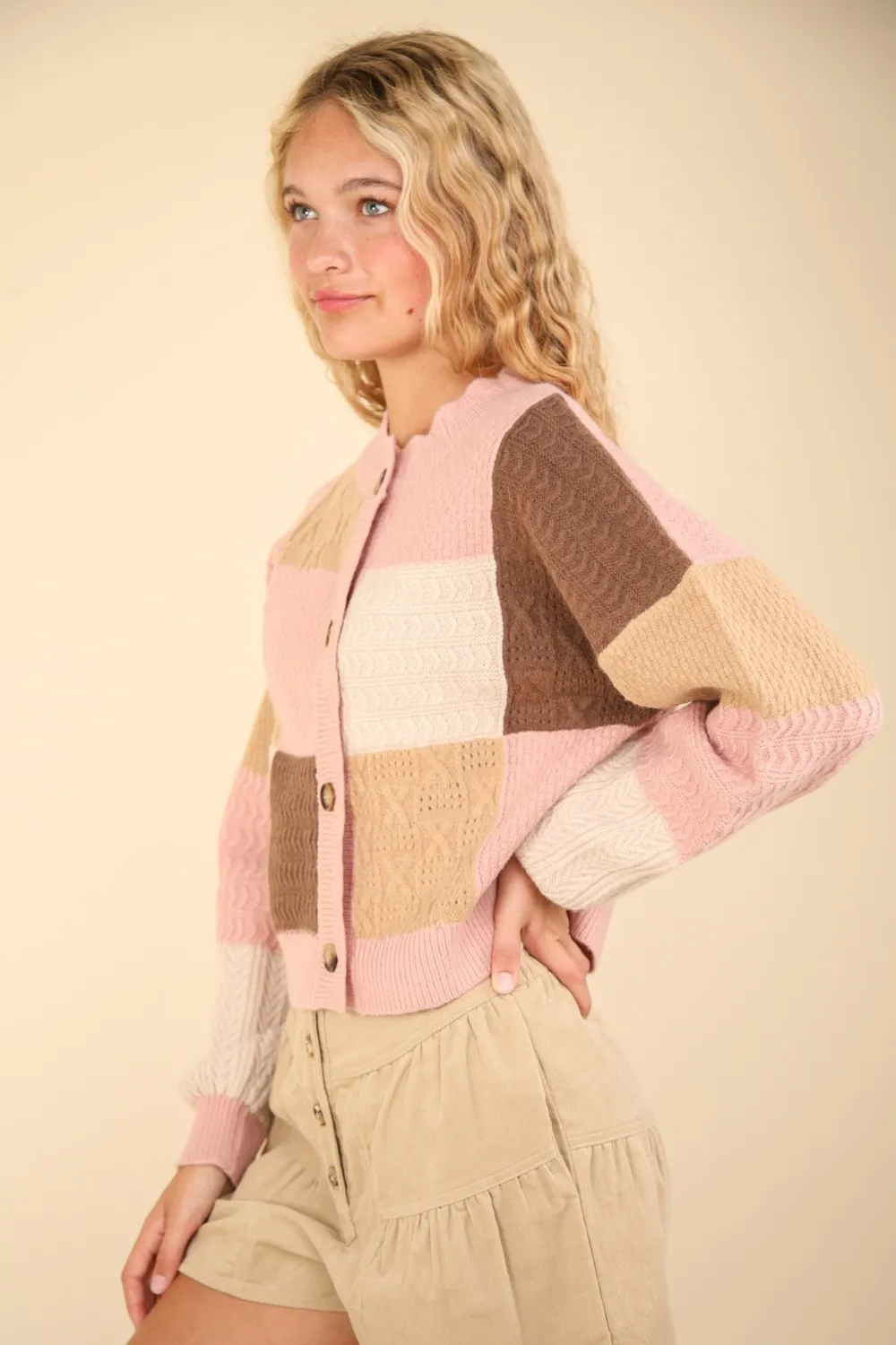 Color Block Button Down Textured Sweater Cardigan, image 3