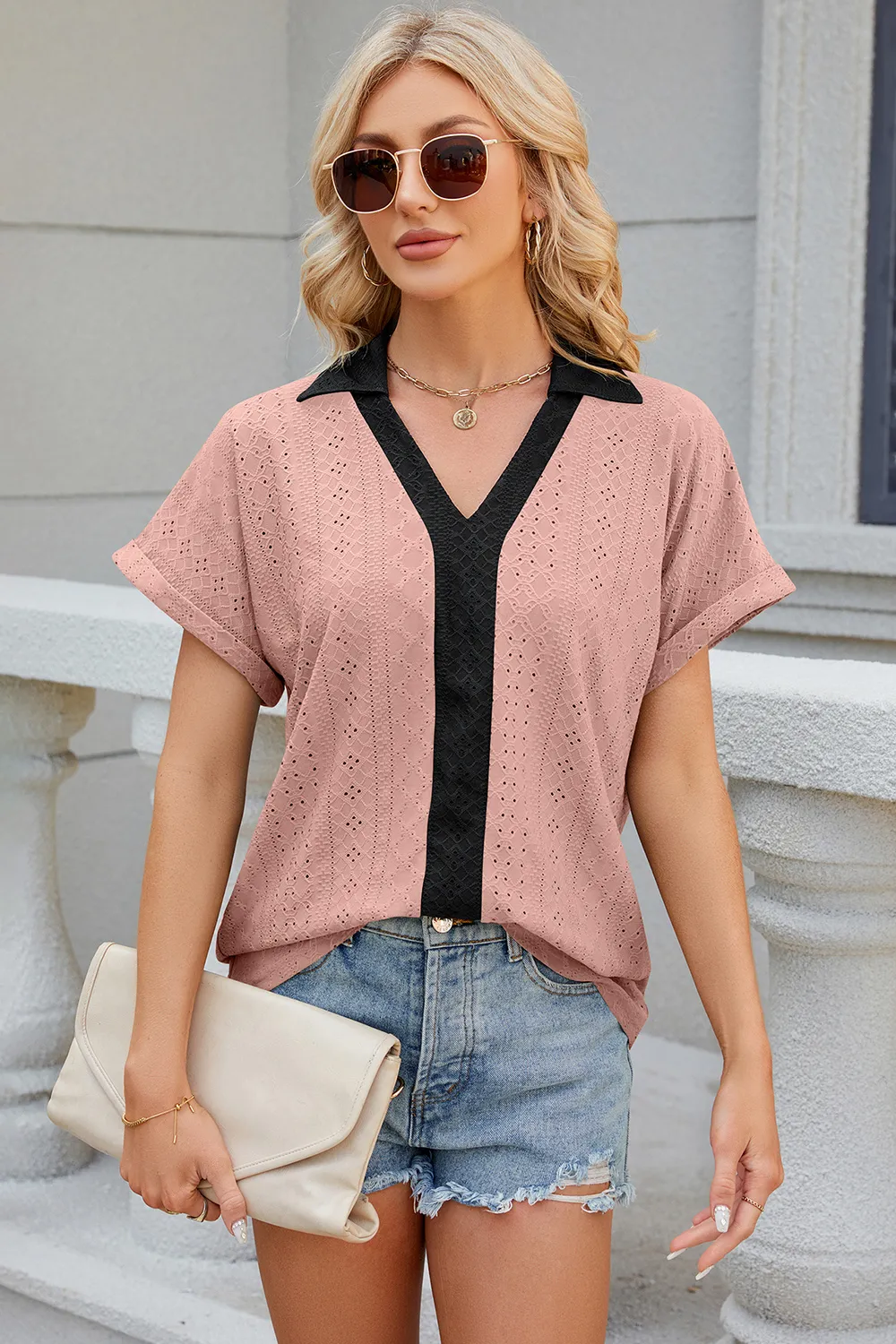 Eyelet Johnny Collar Short Sleeve T-Shirt, image 25