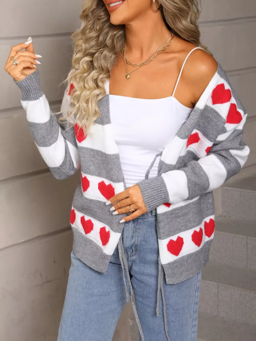 Valentine's Day Heart Pattern Striped Tie Front Cardigan, image 11