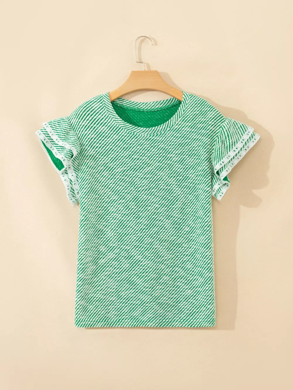 Twilled Print Lace Trim Ruffled Short Sleeve Blouse, image 6