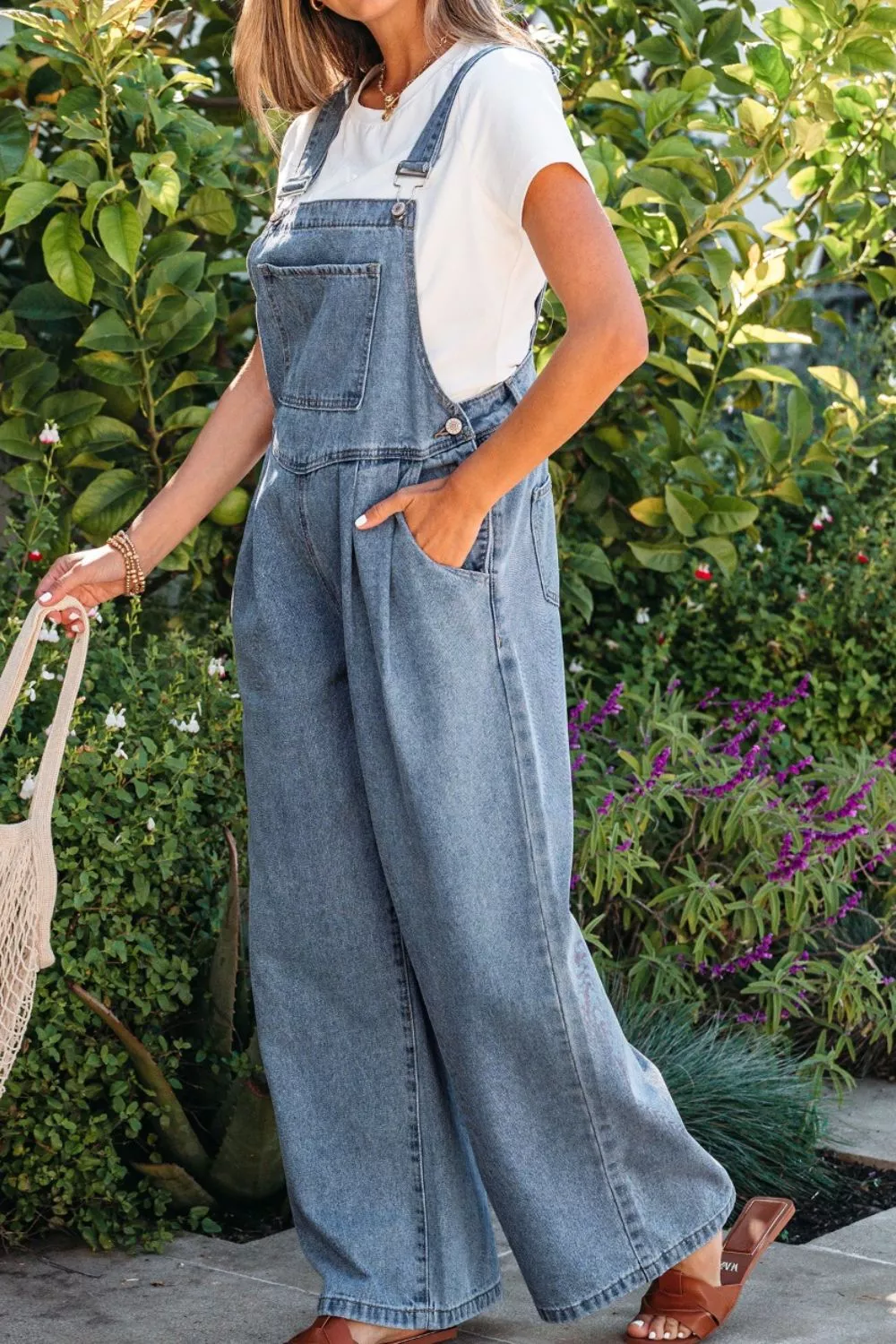 Pleated Wide Leg Retro Pocketed Denim Jumpsuit, image 4