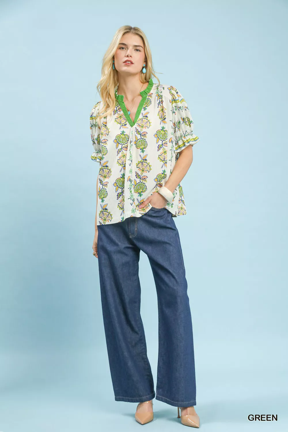 Abstract Border Print V-Neck Top, image 5