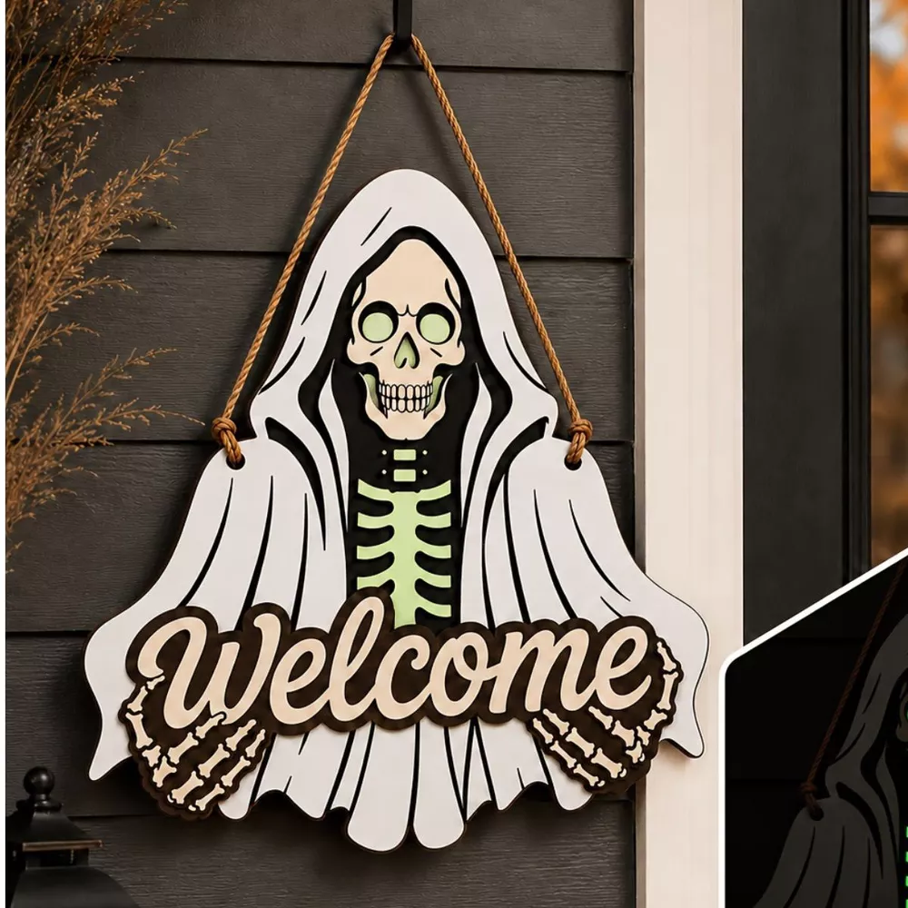 Spooky Halloween Skeleton Welcome Hanging Decorative Ornament, image 5