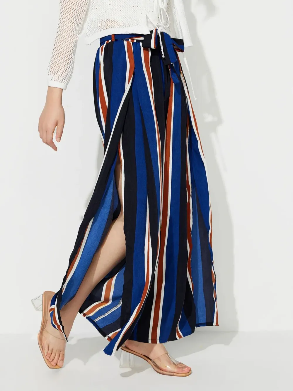 Side Slit Contrast Wide Leg Pants, image 4