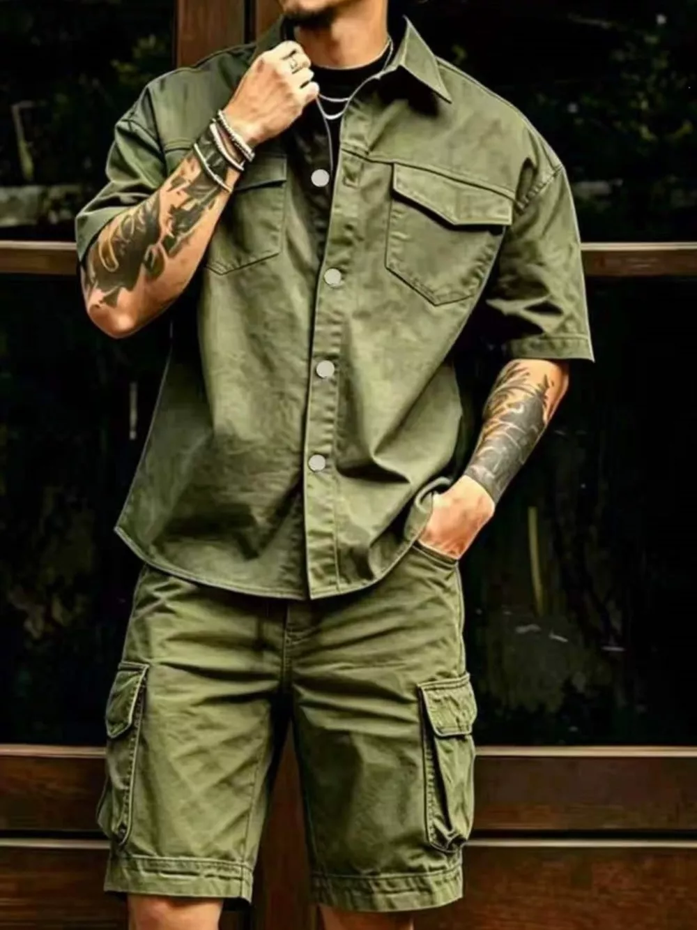Men's Full Size Cargo Shirt and Shorts Set Plus Size