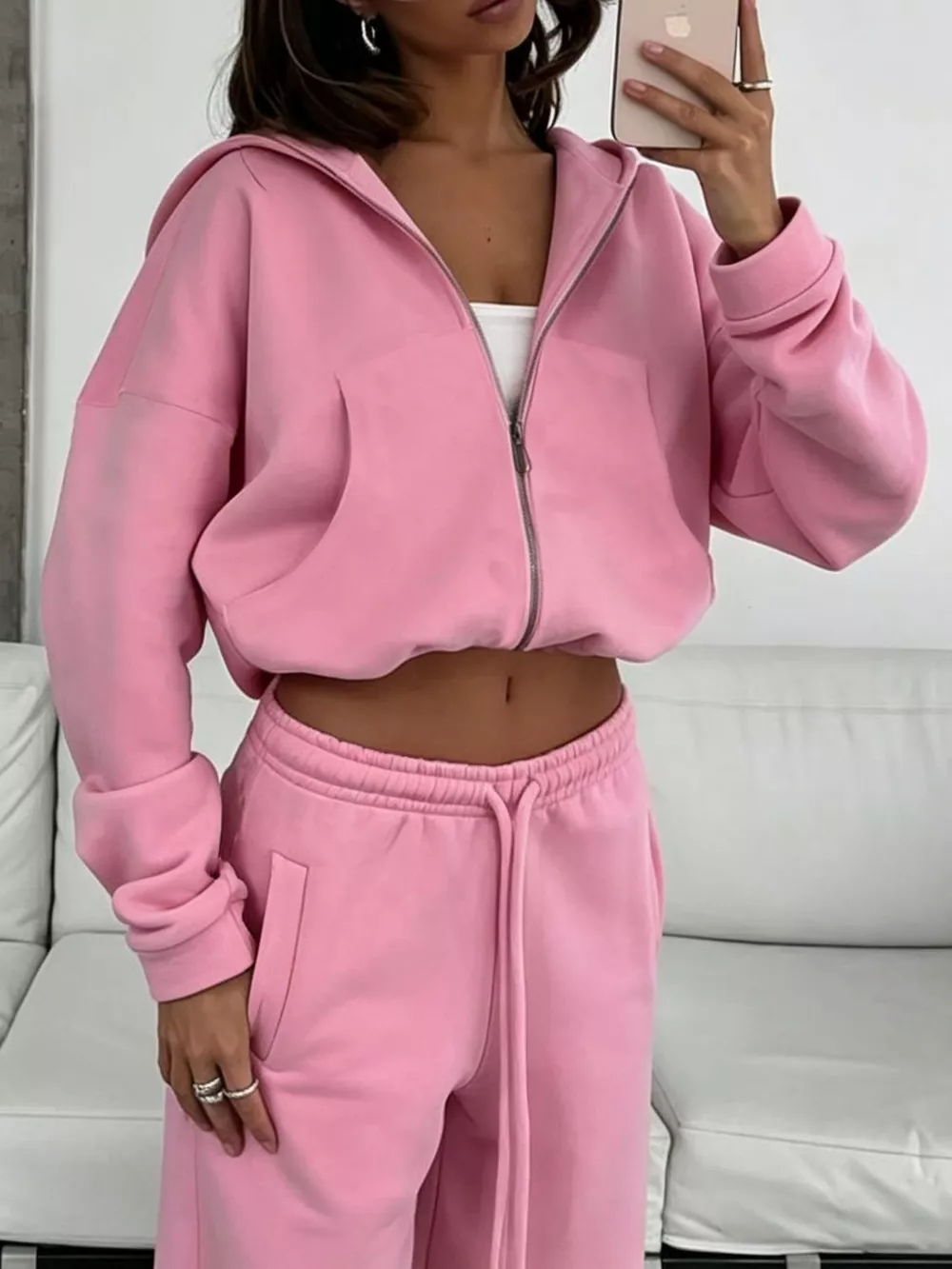Casual Zip-Up Hoodie and Wide-Leg Sweatpants Set, image 17